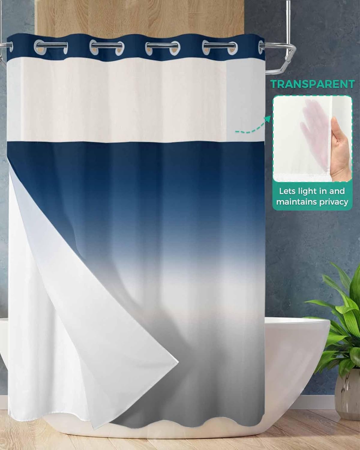 No Hook Cloth Fabric Shower Curtain with Snap in Liner, Modern Simple Waterproof Shower Curtains Set with See Through Top Window, Blue Gray Gradient Bath Curtains Shower 72"x96"