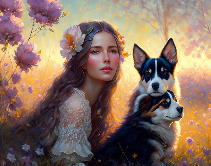Toile femme et chiot décoration murale salon prairie naturelle 50x70