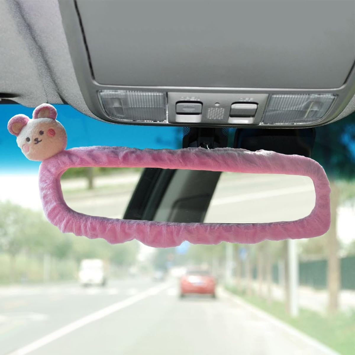 Craedli Cute Cartoon Car Rearview Mirror Cover, Elastic Soft Plush Auto Rear View Mirror Edge Protector Frame Cover, Universal Car Interior Decoration Accessories for Women Girls (Pink)