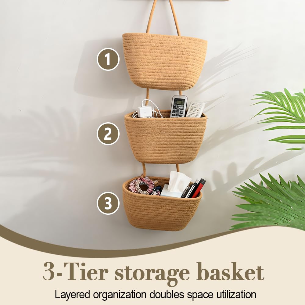 Over The Door Organizer Hanging Basket, 3-Tier Fabric Wall Mounted Hanging Organizers Small Woven Baskets Pouches for Bathroom Bedroom Playroom - Image 4