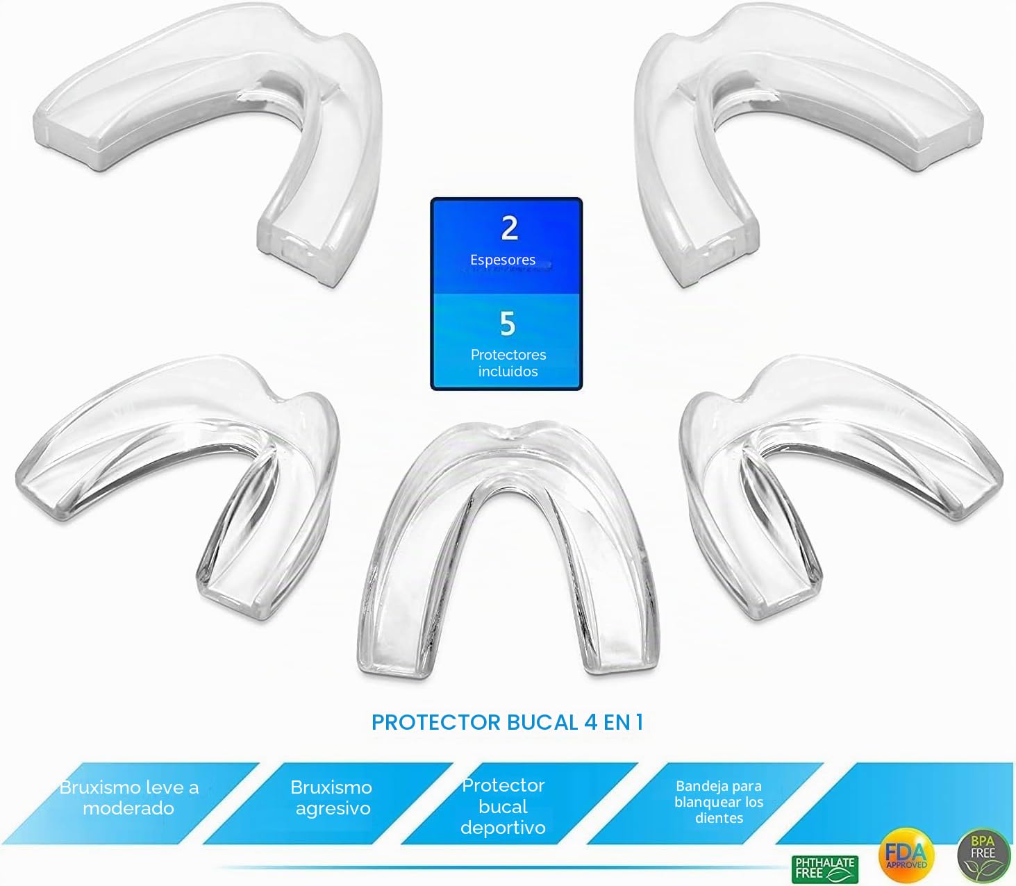 Protectores de boca moldeables para bruxismo, paquete de 5, 3 regulares y 2 resistentes