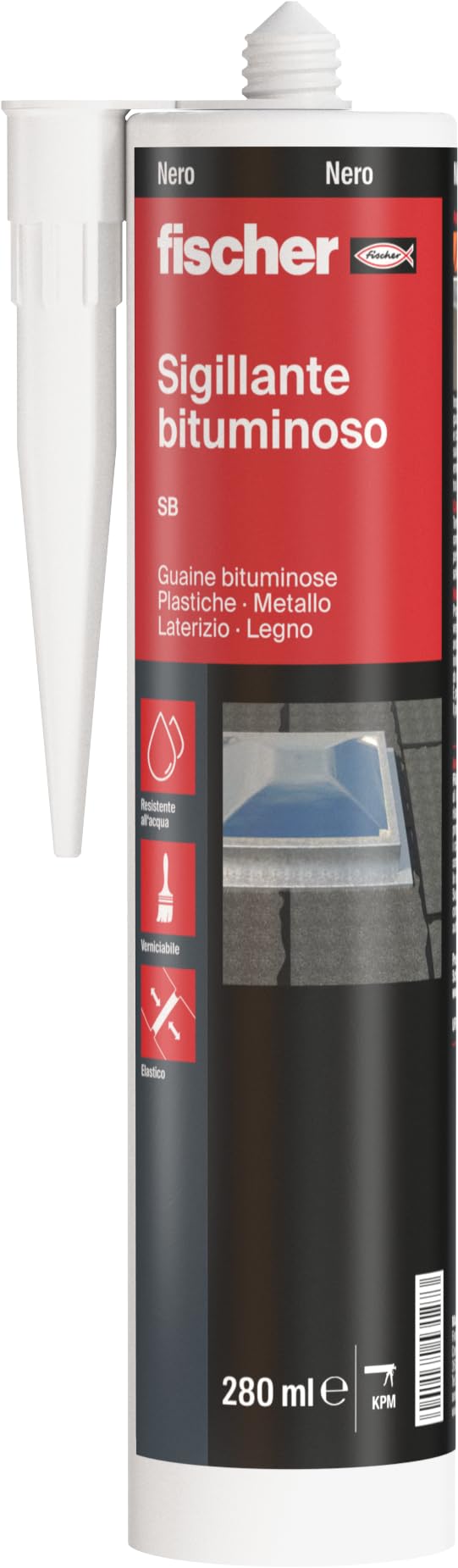 Fischer Sigillante Adesivo Bituminoso SB per Tetti e Tegole Canadesi, Grondaie, Membrane di Copertura, Colore Nero, 280 ml, 553127