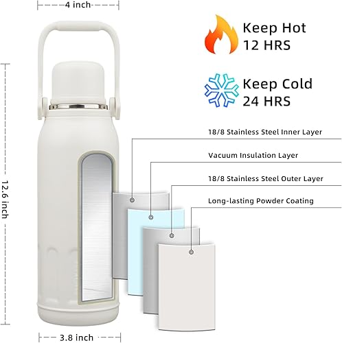 Miniatura 2 de BJPKPK Botella de agua térmica de 50 onzas apta para lavavajillas con tapa y asa de transporte, botellas de agua de acero inoxidable para deportes