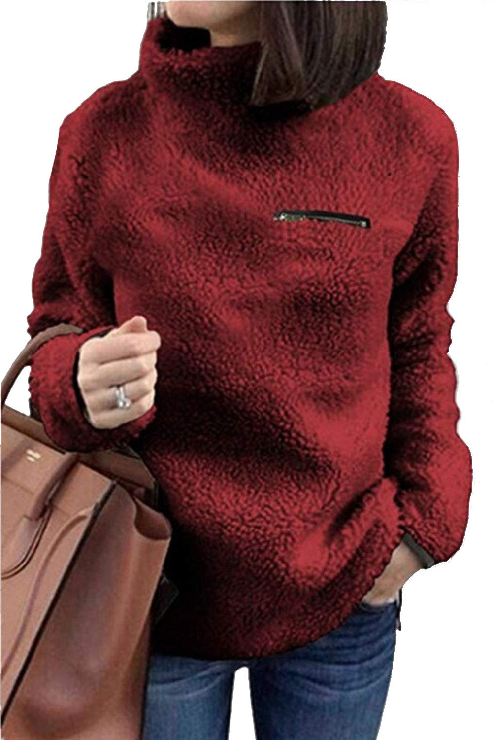 ASHER FASHIONSherpa Jacket Women Pullover Sweaters Fleece Sweatshirt Tunic Tops Blouses