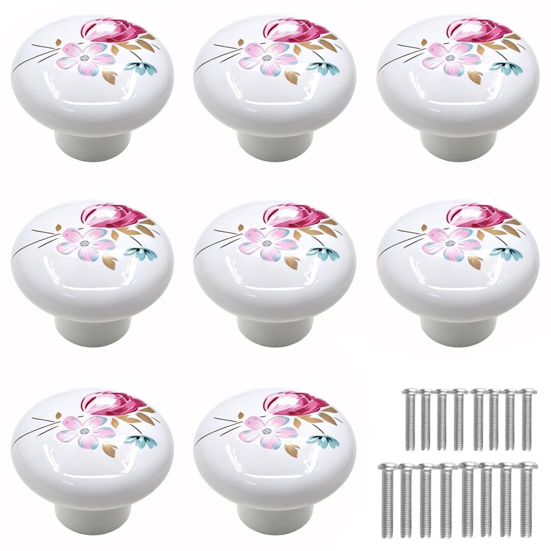 boutons de tiroir ronds en céramique peints à la main en - fleur rose 8 pièces