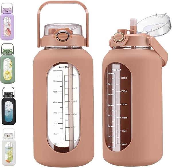 chunmo 74 oz Glass Water Bolttles with Straw Large Motivational Water Bottle with Time Marker Sports Water Bottles with