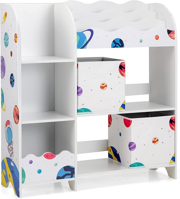 COSTWAY Kids Storage Unit, Toy and Book Organizer with 5 Shelves, 2 Boxes, 3 Slots, Multi-Functional Children Display Cabinet Bookshelf for Playroom, Bedroom, Living Room (Planets)