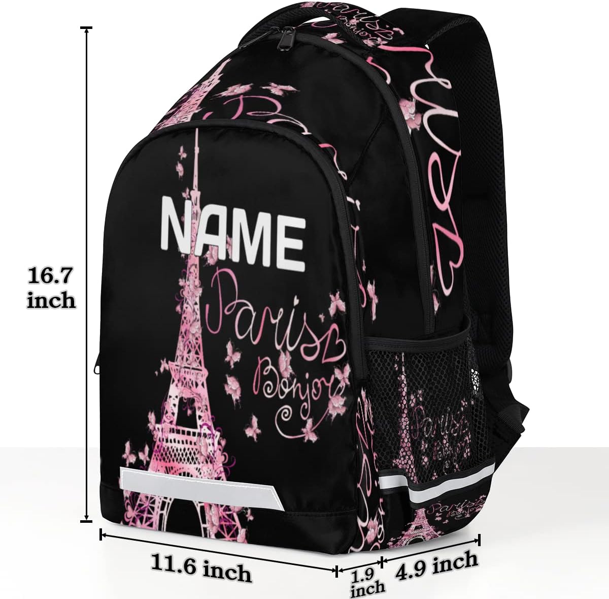 Pink Eiffel Tower Custom Name School Backpack for Boy Girl Teen Butterfly Paris Personalized Student Bookbag for Primary Junior College Customized Laptop Backpack for Men Women