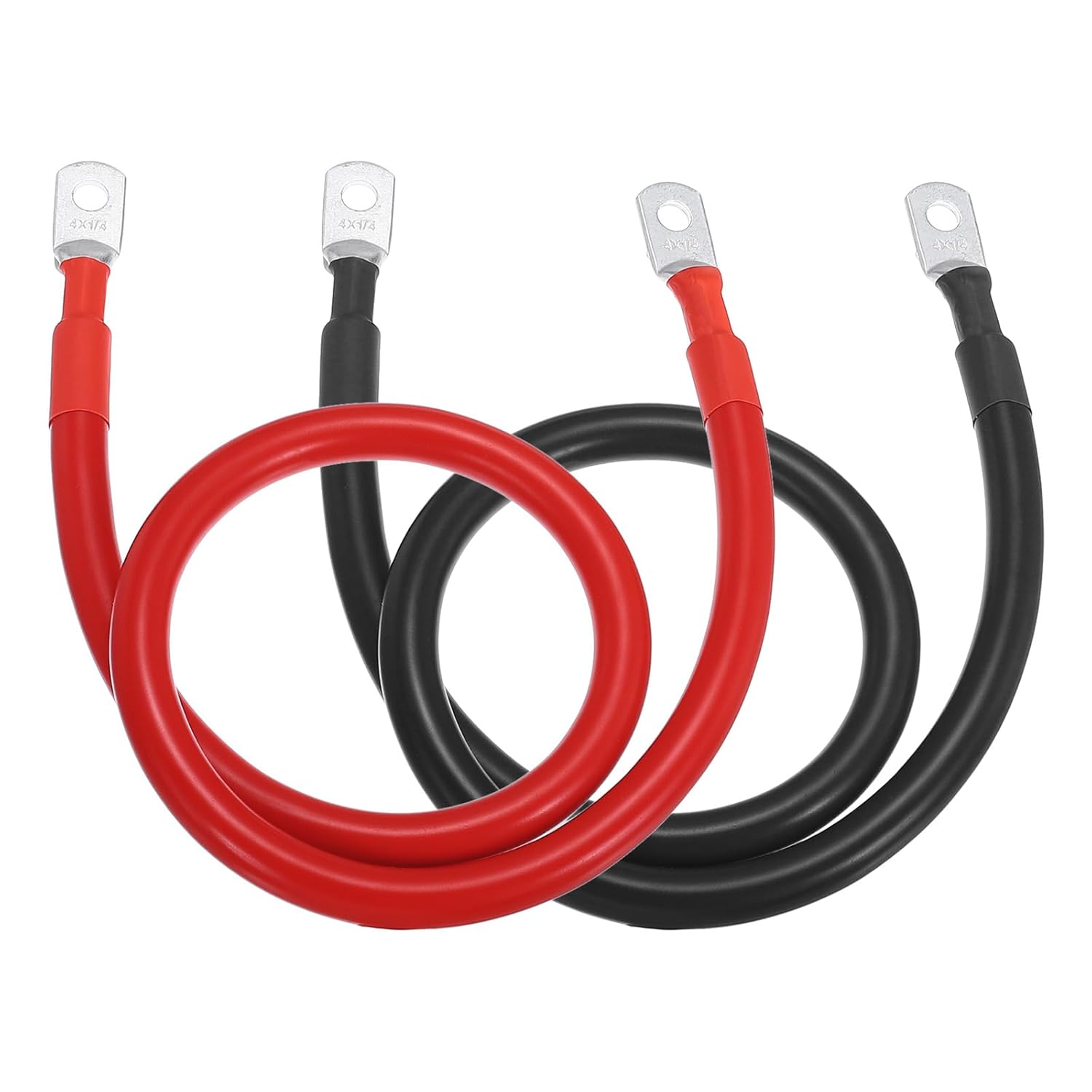 MECCANIXITY 2Pcs 4AWG Gauge Battery Cable Wire 2ft Length 1/4" Diameter Positive and Negative Copper Alternator Connector Extender with Terminals for Car RV Golf Cart Marine, Red Black