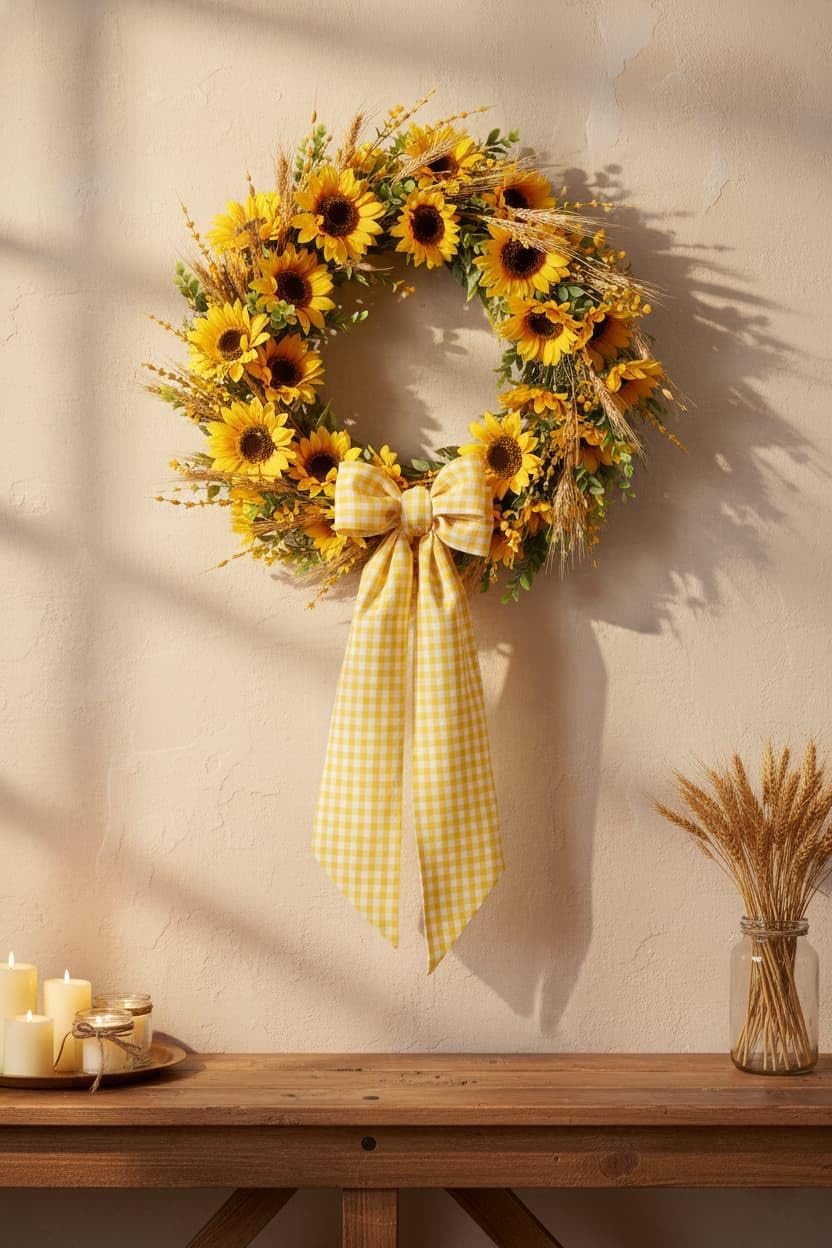 Wreath Sash for Front Door Decorations, Yellow White Checkered Plaid Bow Ribbon for Easter Spring Summer Birthday Sunflower Wedding Farmhouse Home Decor Accessories (5.12" x 54.33")