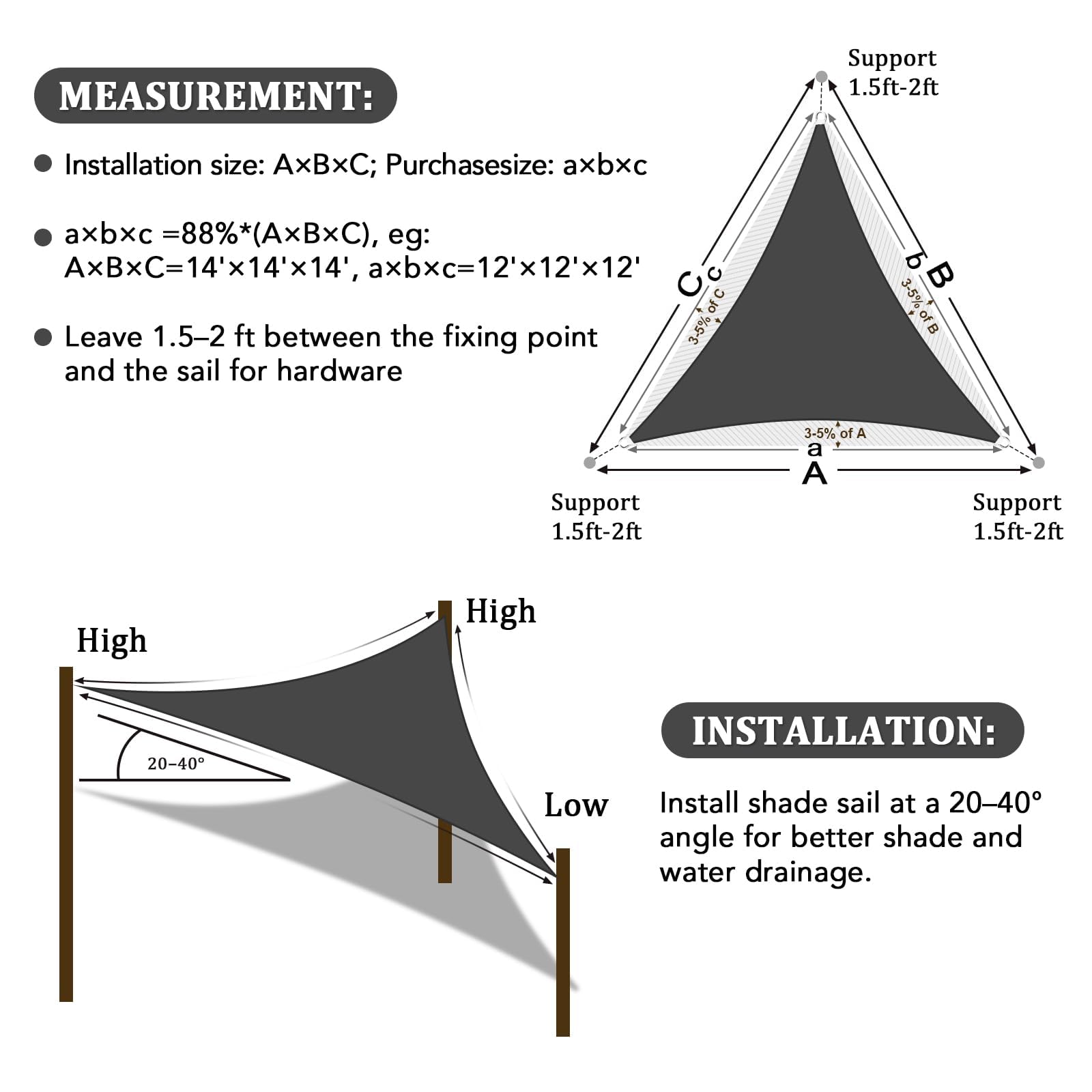 Shade&Beyond Sonnensegel Dreieckig | Premium HDPE | UV-Schutz 50+ & atmungsaktiv | für Garten, Balkon, Terrasse | inkl. Befestigungsseile | Größen anpassbar | 3x5.5x6.3m Grau Anthrazit