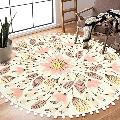 Uphome Round Throw Rugs For Bedroom 4' Circle Cute Area Rug With Pom Poms Fringe Floral Plant Washable Non-Slip Soft Floor Mats For Entryway Laundry Living/ Kids Room Nursery, Pink #TOP9