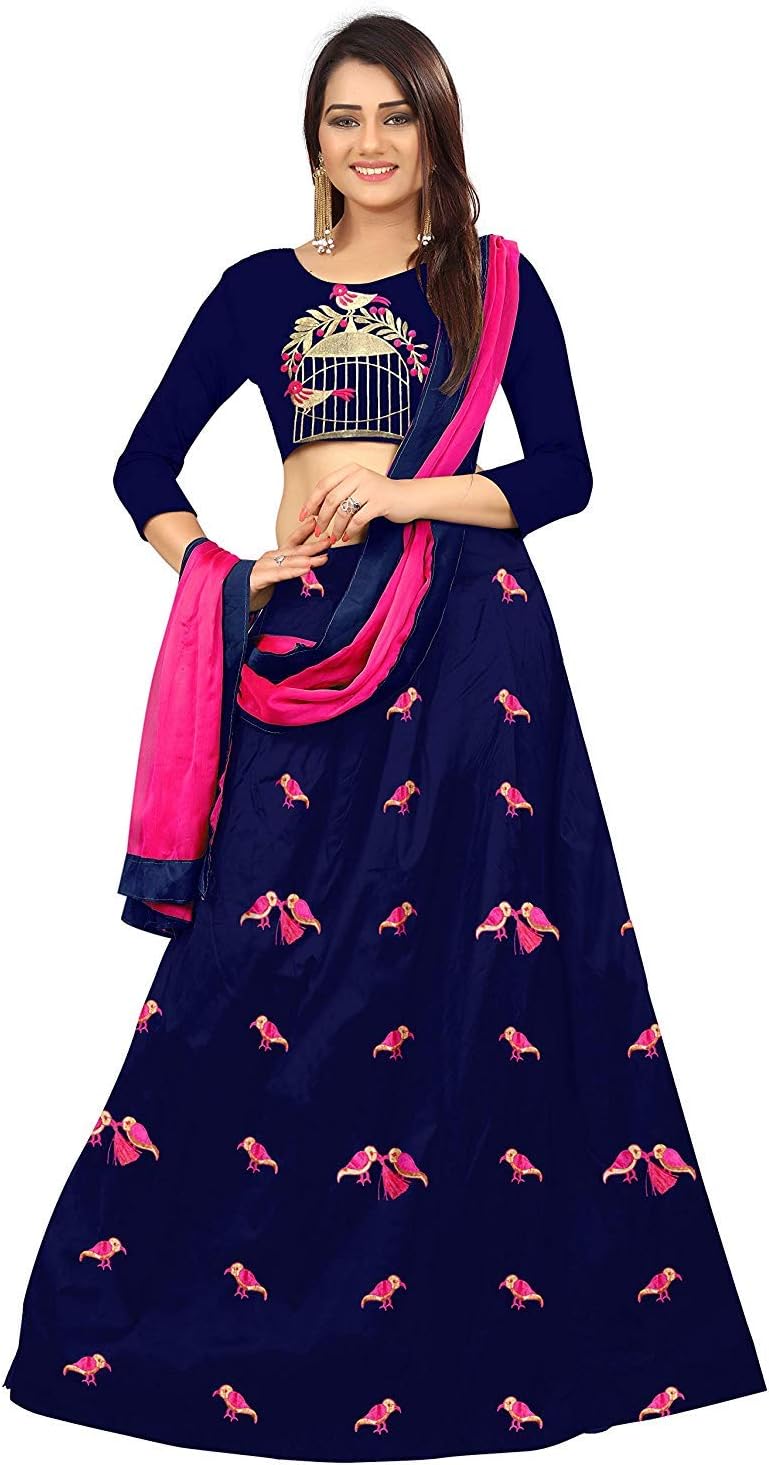 DHARMI FASHION Women's Taffeta Silk Semi stitched Lehenga Choli (perot-118_Navy Blue_Free Size)