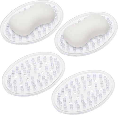 Jabonera de plástico para 4 piezas, bandeja transparente para barra de jabón autodrenante con agujeros, contenedor de jabón para encimera de baño,