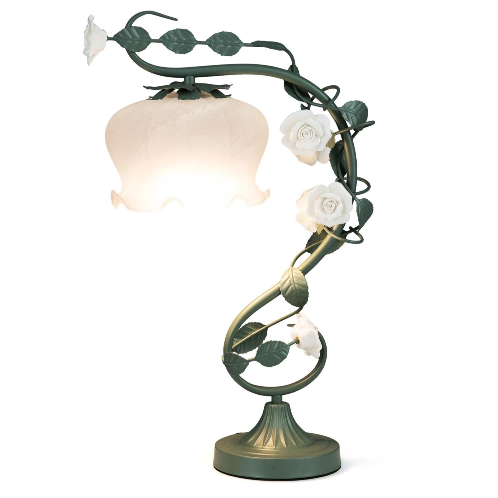 TANGZON Flower Table Lamp, Bedside Vintage Reading Light with Glass Lily of The Valley Lampshade, 6 Ceramic Roses & Metal Leaves, E27 Nightstand Lamp for Bedroom Living Room Office Home Decoration