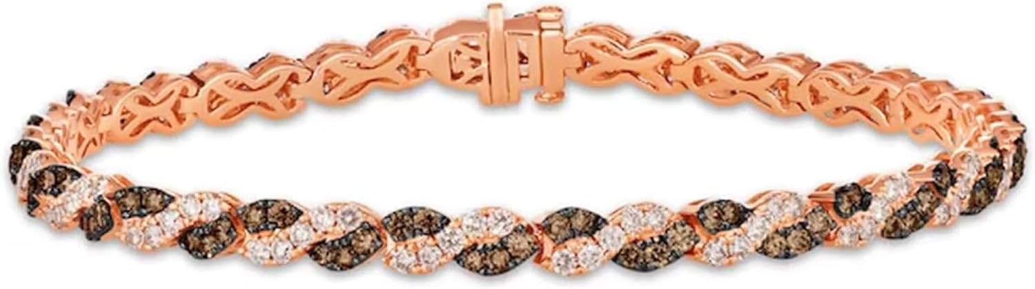 Round Cut Simulated Smoky Quartz & Diamond Infinty Twist Design Tennis Charm Bracelet In 925 Sterling Silver 14K Rose Gold Finish