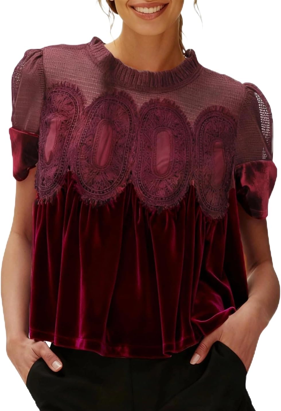 hathne Velvet Lace Blouse for Women Elegant Casual Crew Neck Short Sleeve Top Loose Fit Flared Swing Shirt