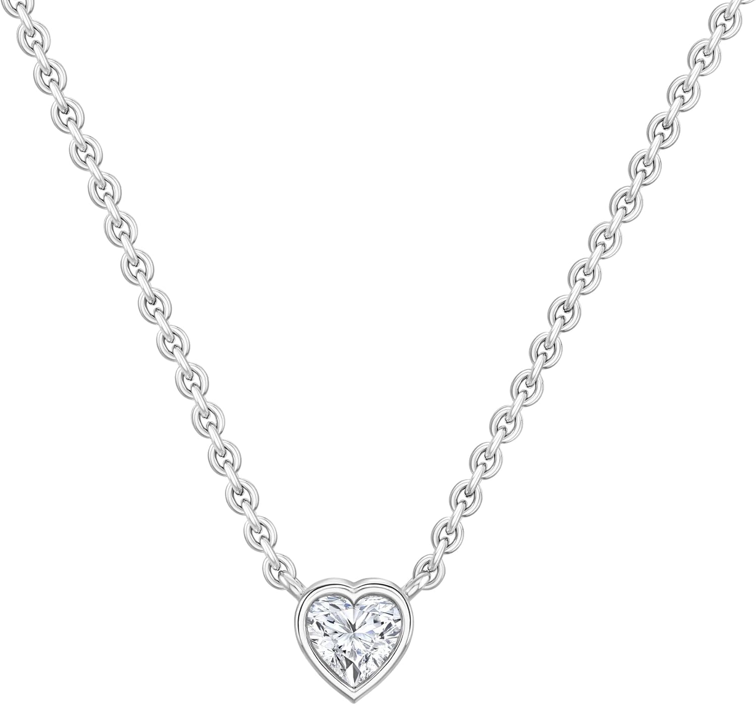 0.25-2.00 Cttw Heart Cut Lab Grown White Diamond Solitaire Bezel Set Pendant Necklace with 18 inch Silver Chain for Her in 925 Sterling Silver