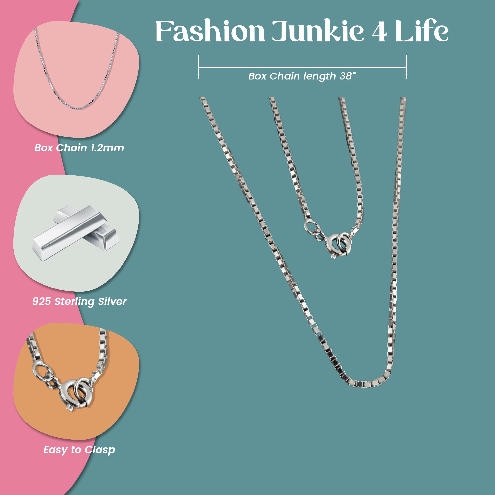 FashionJunkie4Life Collana a maglie in argento sterling extra lunga da 1,2 mm, 66 cm, 81 cm, 86 cm, 96,5 cm, Metallo