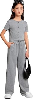Girl's 2 Piece Outfits Button Front Short Sleeve Tee Shirt and Tie Front Pants Set