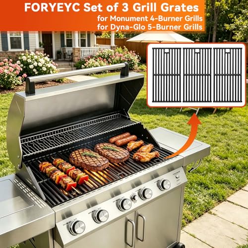 Image of Grill Grates for Monument 24367 35633 17842, Cast Iron Grates Replacement Parts for Dyna Glo 5-Burner DGE530SSP DGE530SSP-D BGE530PSP DGF530SRP DGE530SSP-1, Cooking Grids 3 Pack