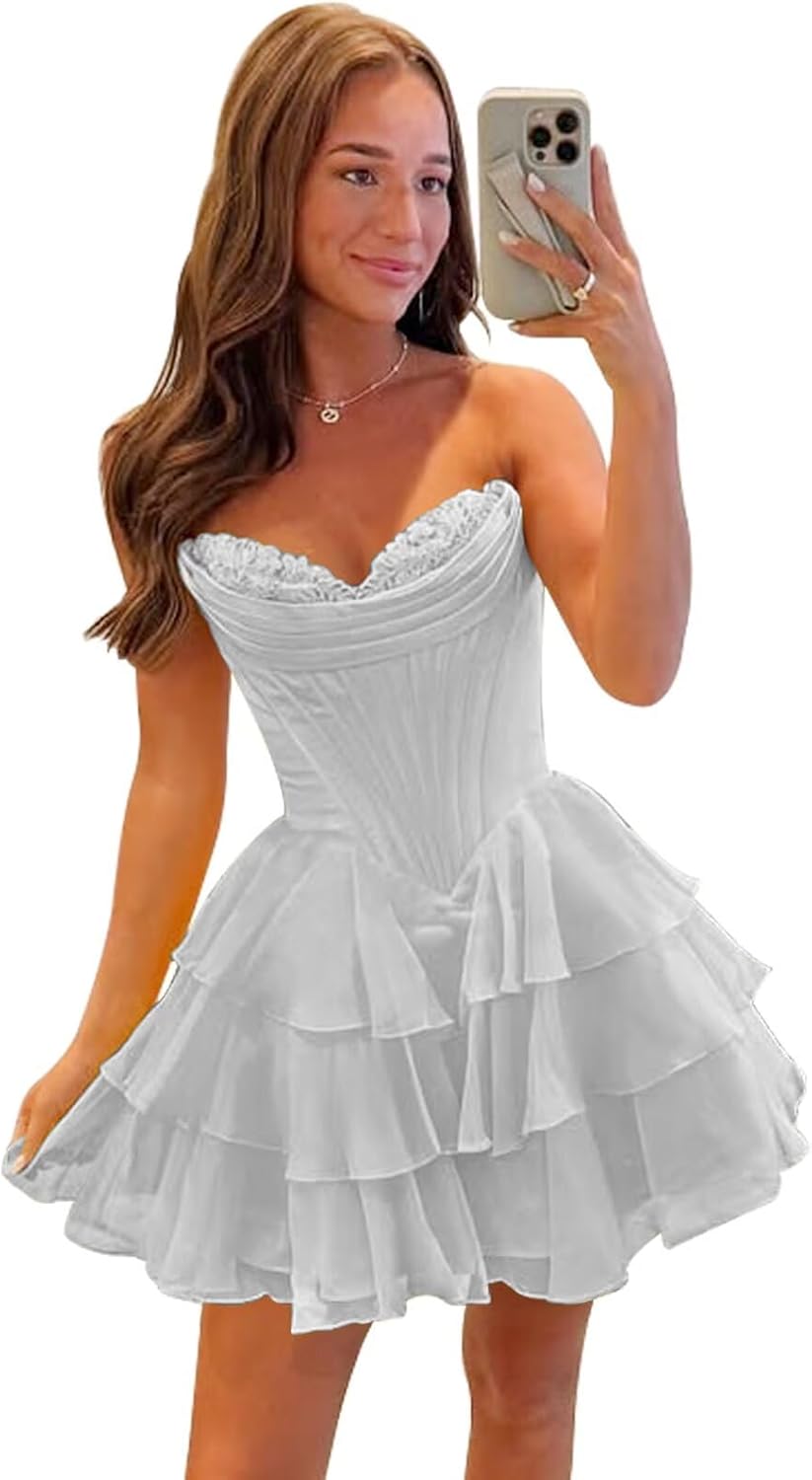 Short Tiered Ruffle Homecoming Dresses for Teens Strapless Corset Mini Prom Cocktail Dress