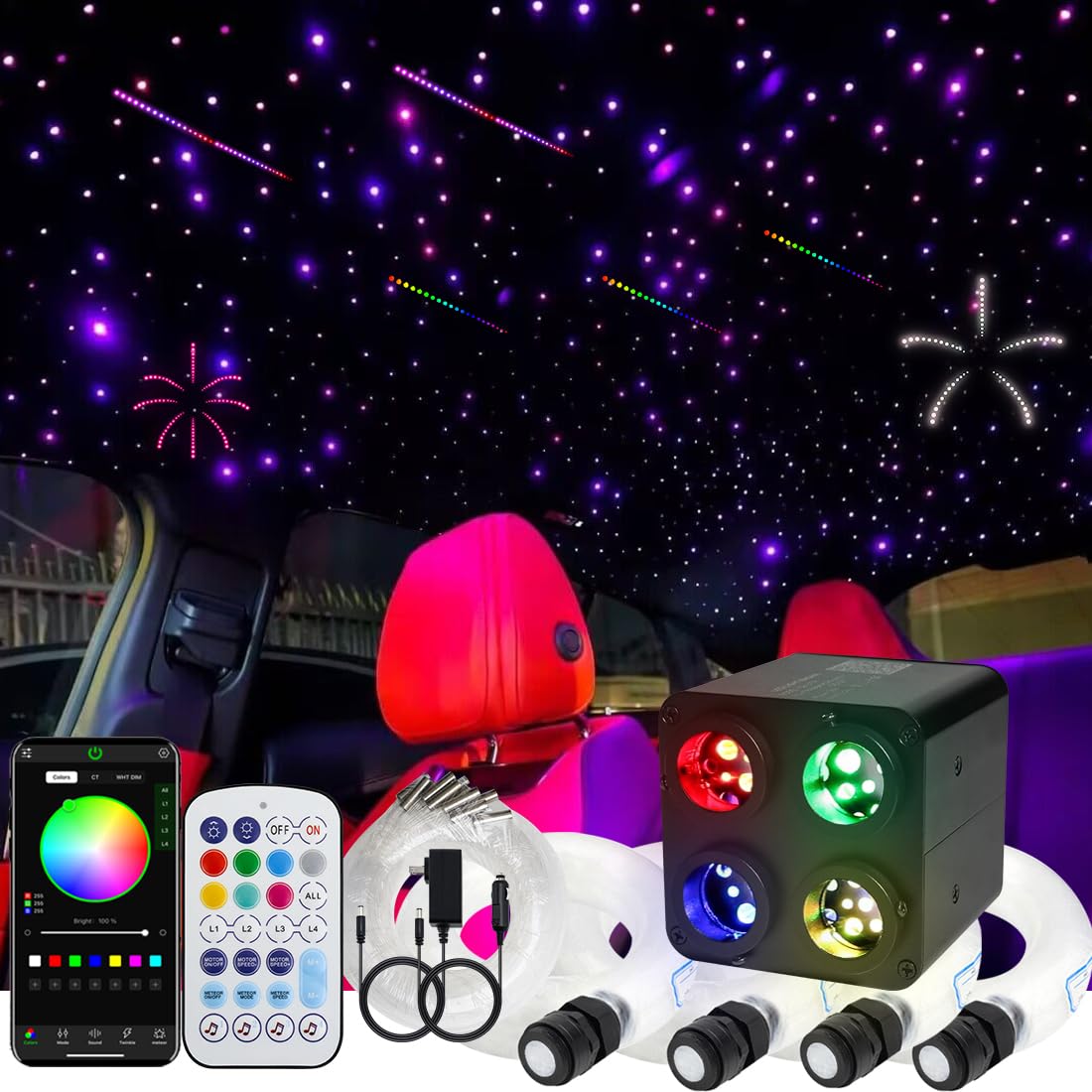 AZIMOM 4Colors 2 in 1 Meteor Twinkle Fiber Optic Starlight Headliner Kits Mixed860pcs 13.1ft Fiber Strands,RGB Meteor Shooting Star 240pcs, Sound Remote APP Control Home Ceiling Car Headliner Decor