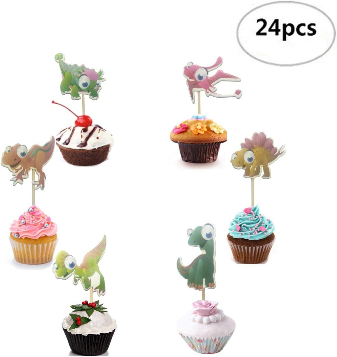 Maydolbone 24cps Dinosaur Cupcake Muffin Cupcake Toppers- Birthday or Baby Shower Food Picks Decor and Cupcake Party Pick