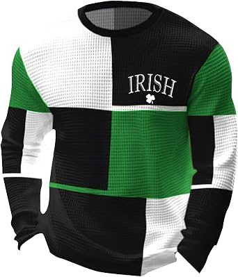 Mens St. Patricks Day Waffle Long Sleeve T-Shirt Shamrock Print Crewneck Shirts Slim Muscle Tops Holiday Clothes
