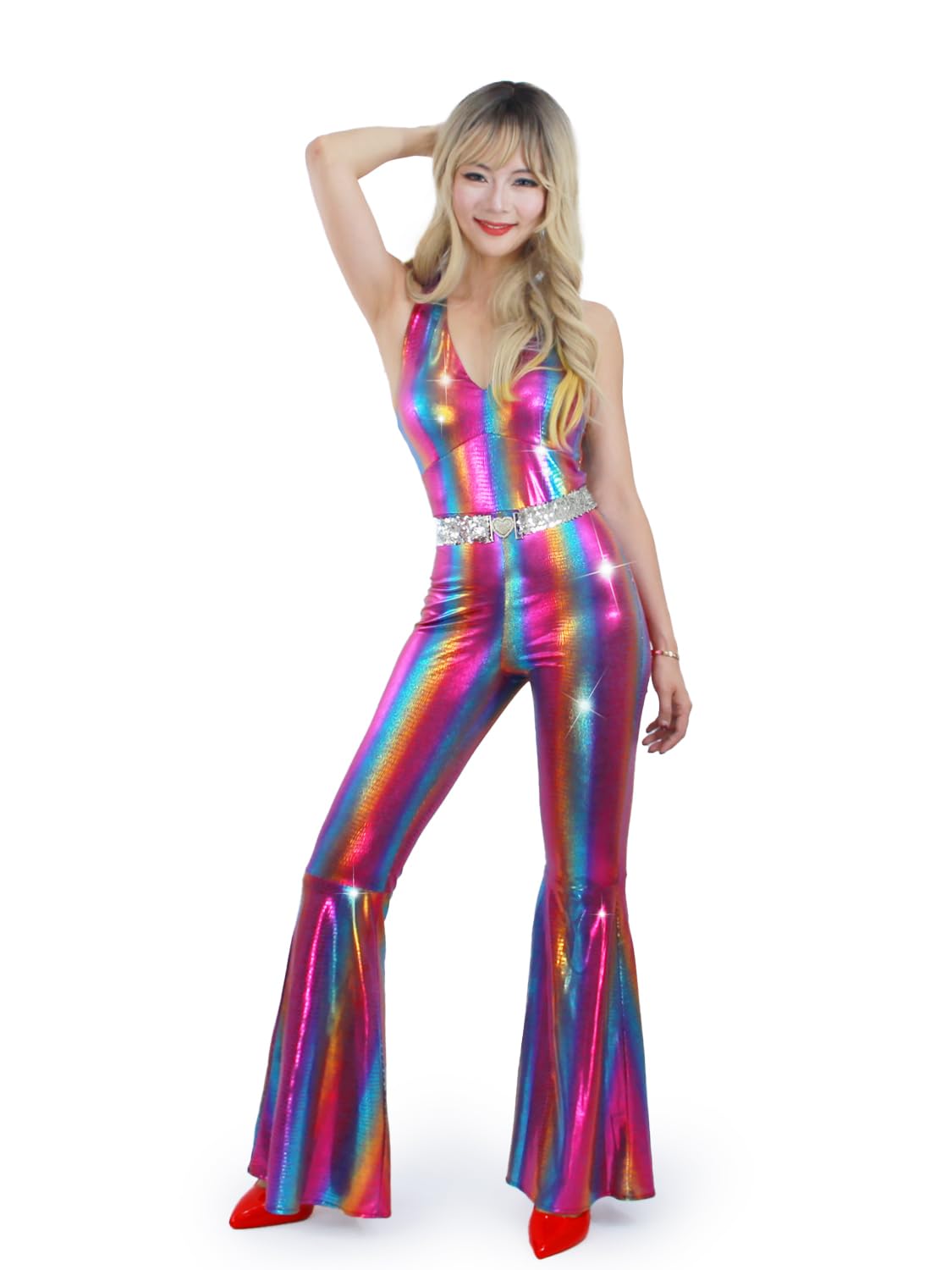 Nawgut Disco Outfit 70s 80s Prom Sparkle Flare Jumpsuit