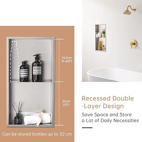 Miniatura 4 de DAYONE Nicho de ducha de acero inoxidable de 12 x 24 pulgadas, no necesita azulejos, nicho de pared rectangular de baño de níquel cepillado,