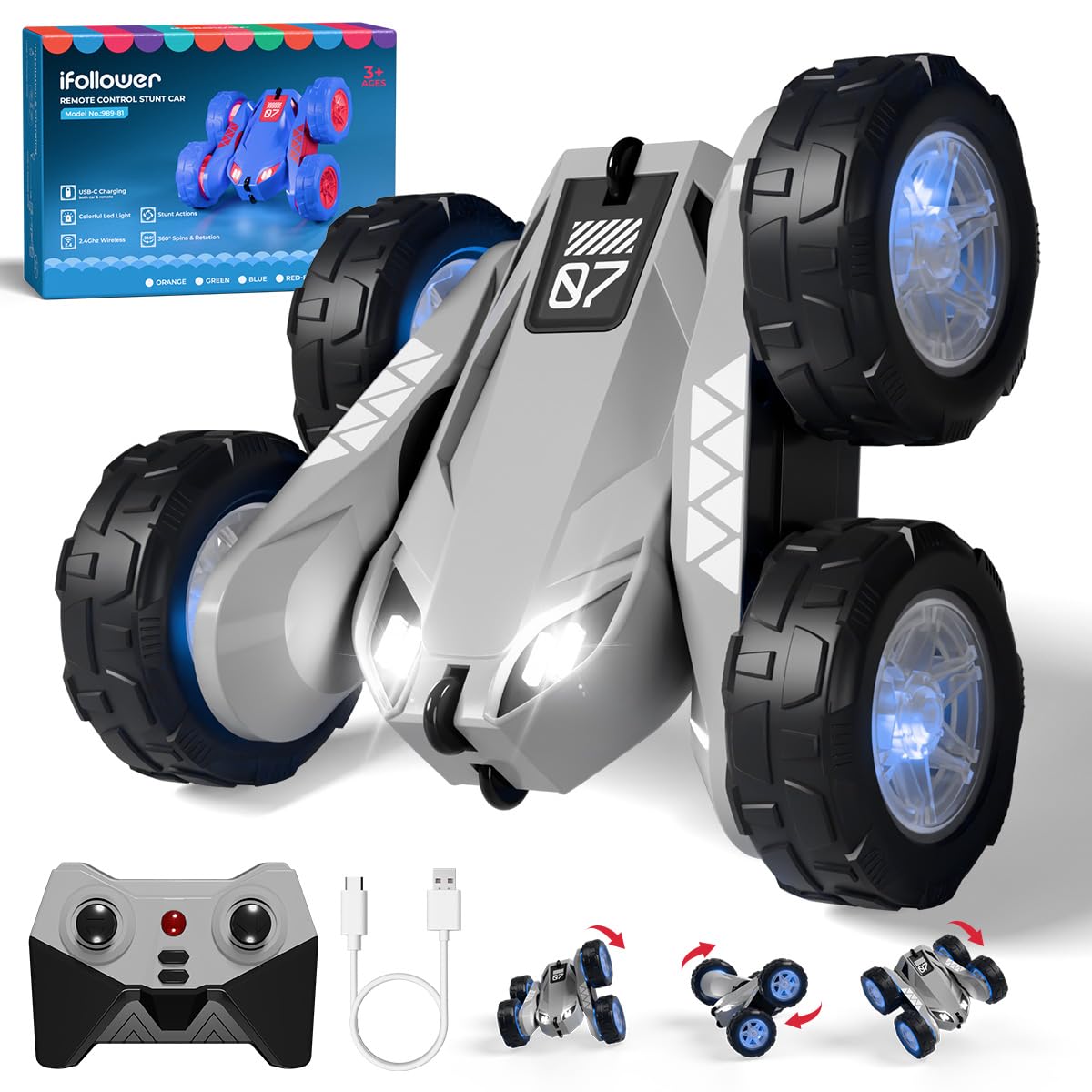ifollower Direktladung Ferngesteuertes Auto ab 3-12 Jahre,2.4GHz Monstertruck mit Buntes LED-Licht,360°Drehung Stunt Rc Auto Geschenk für Kinder Jungen Mädchen 4WD 15km/h Spielzeugauto Outdoor Indoor