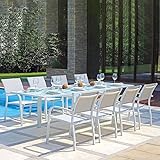 set tavolo 8 sedie giardino La struttura del tavolo e delle sedie è in resistente alluminio, dall'elegante color bianco, robusta e resistente all'azione degli agenti atmosferici. La seduta e lo schienale è in textilene color grigio chiaro facile da lavare