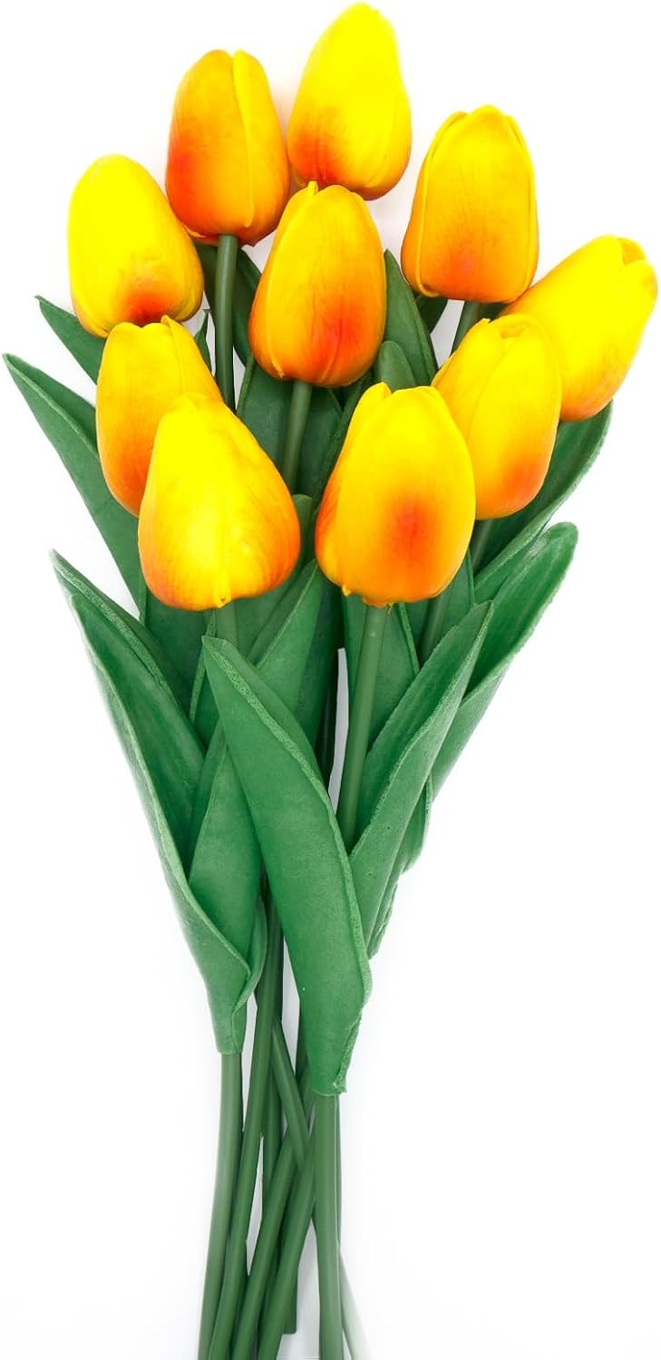 Gold Flowers Fake Tulips Artificial Flowers, 13 Inch Real Touch PU Flowers for Decoration, 10 Pcs Tulip Flowers Bouquet for Vase, Mother's Day Easter Valentines Gifts