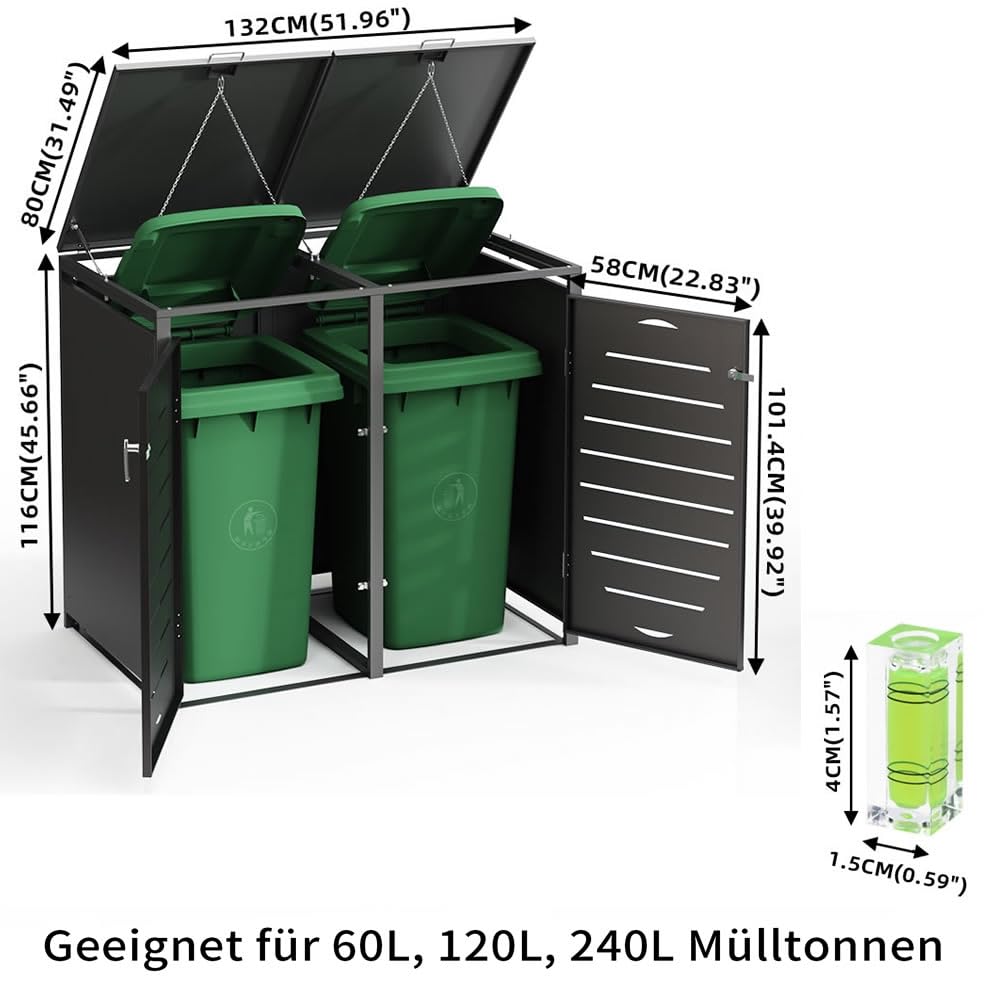 Melko Mülltonnenbox 2er Mülltonnenverkleidung 240 L erweiterbar Anthrazit | verzinkter pulverbeschichteter Stahl, Automatikdeckel mit Gasdruckdämpfern, Belüftungsschlitze, inkl. Montagesatz