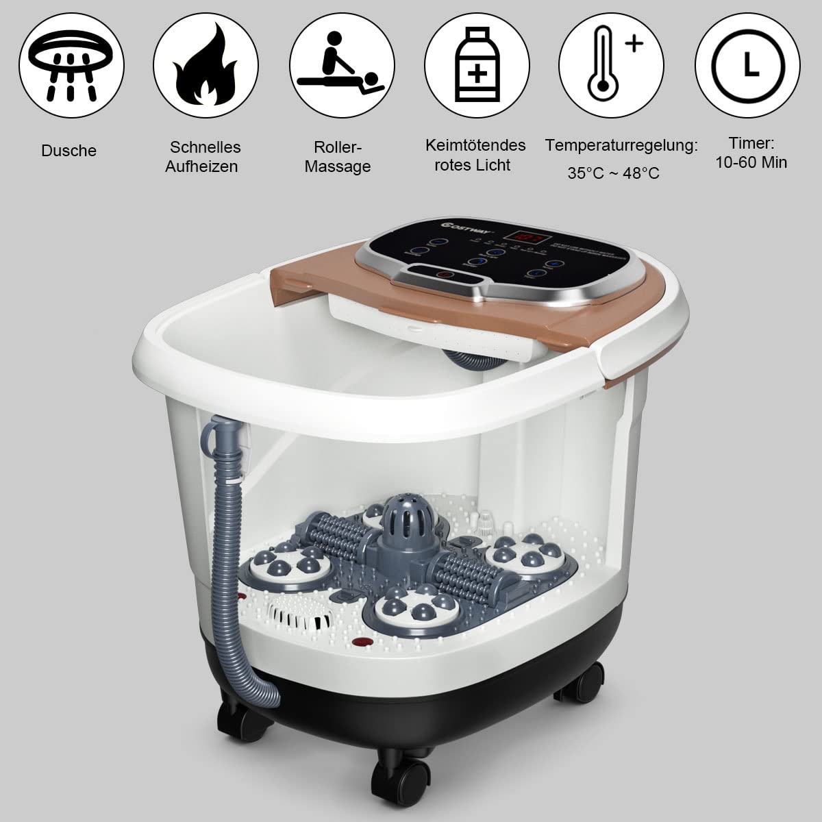 COSTWAY Fußbad mit Massagefunktion & Duschfunktion, 500W Elektrische Fußbadewanne mit Heizung, Max. 48°C, 10-60 Min Timer, Shiatsu- & Rollenmassage, Fußbad Massagegerät auf Rollen (Braun)