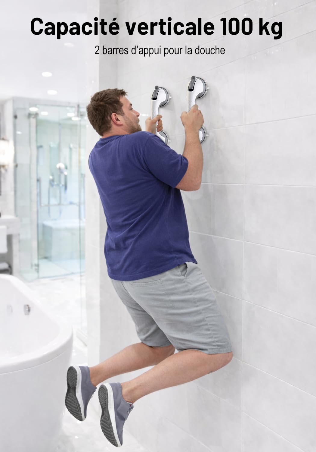 Barre d’appui douche sans perçage, lot de 2 poignées de sécurité à ventouse puissante, antidérapantes, maintien stable pour salle de bain, toilettes et surfaces lisses, aide à la mobilité