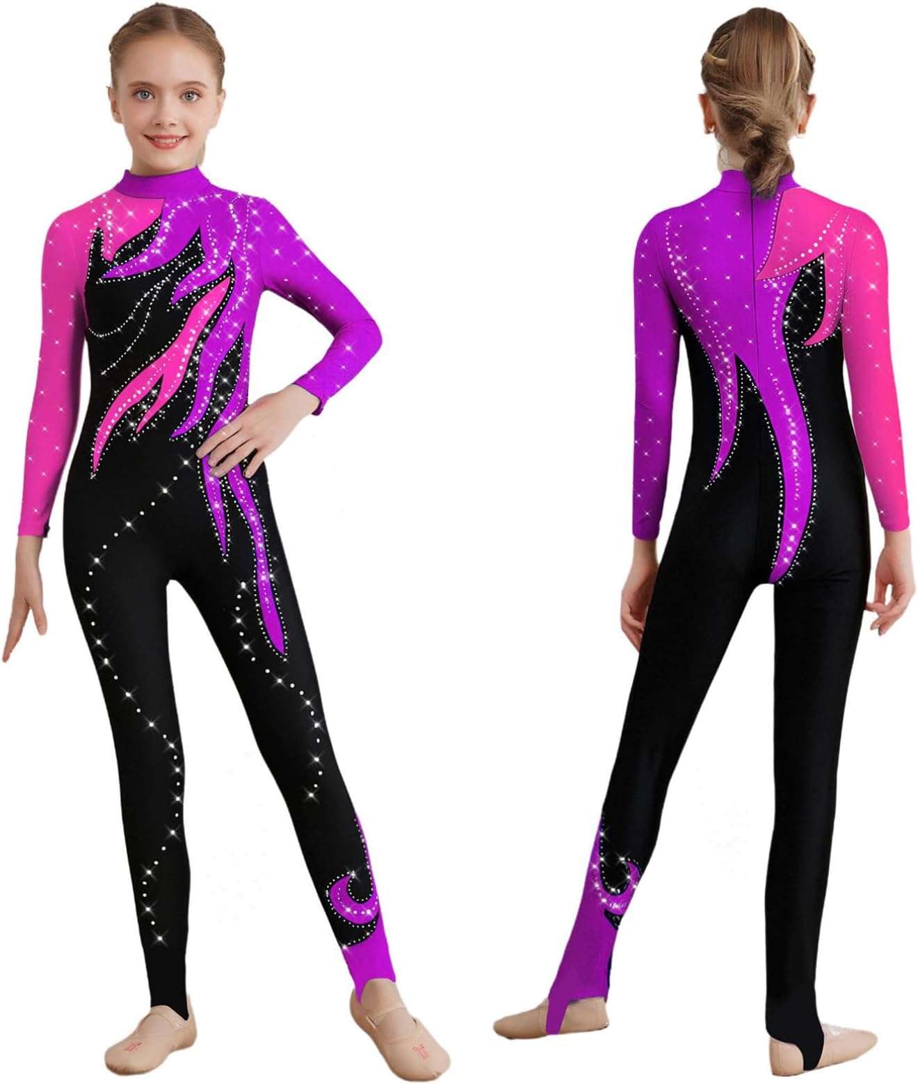 Gymnastics Leotard for Girls Full Body Unitard Color Block Training Bodysuit Rhinestone Skating Jumpsuit Catsuit