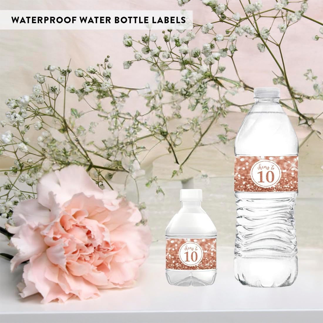 Andaz Press Glitzy Faux Glitter Rose Gold Water Bottle Labels Stickers, Cheers to 10, 10th Birthday Water Bottle Labels Anniversary 10th Birthday Decorations for Women Birthday Party Favors, 20-Pack
