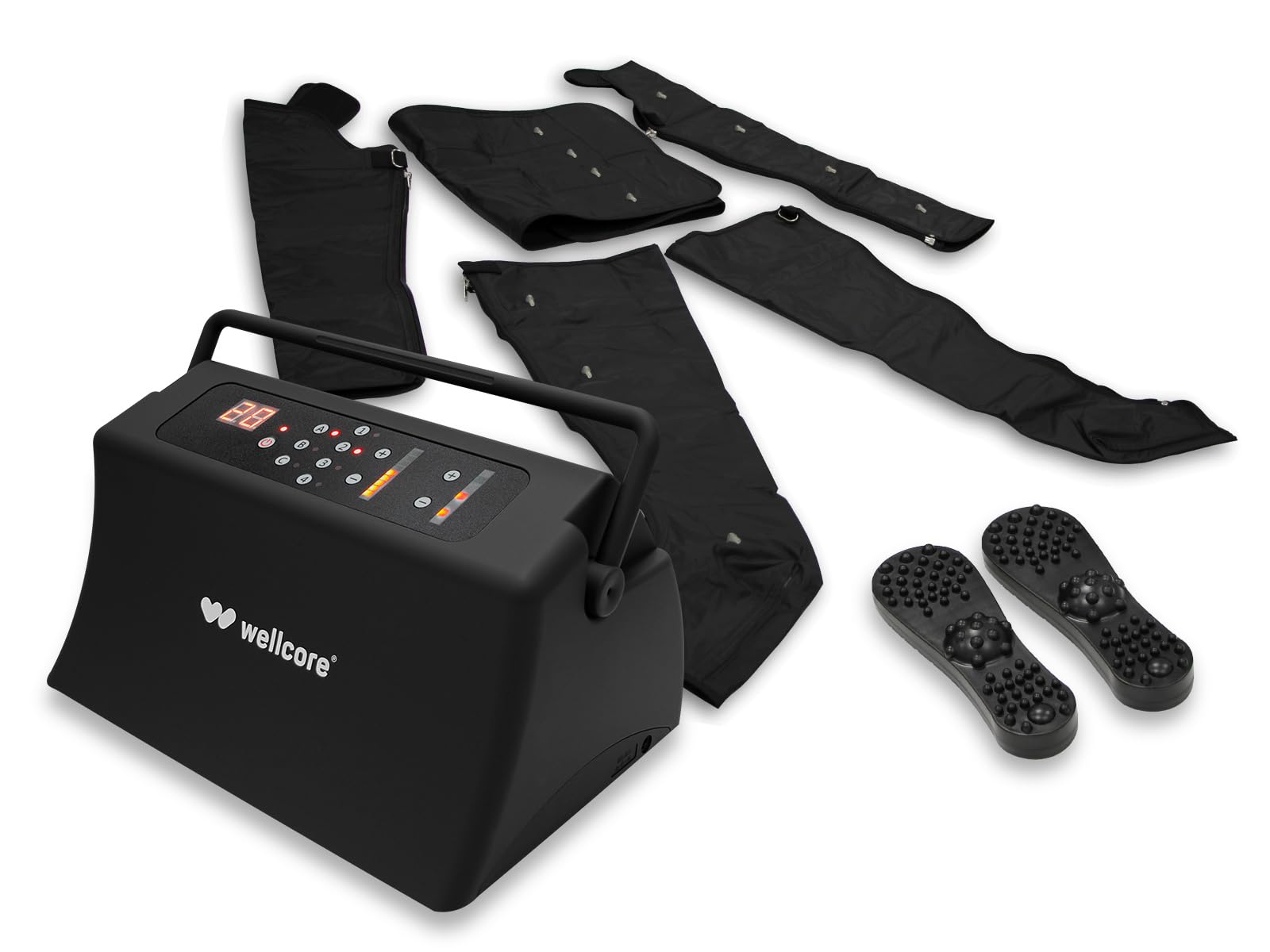 WELLCORE Presoterapia en casa completa, 6 modos de compresón, 9 niveles de presión, masaje de piernas, abdomen y brazos, Fácil Uso, Temporizador 3 modos, 20W, full body
