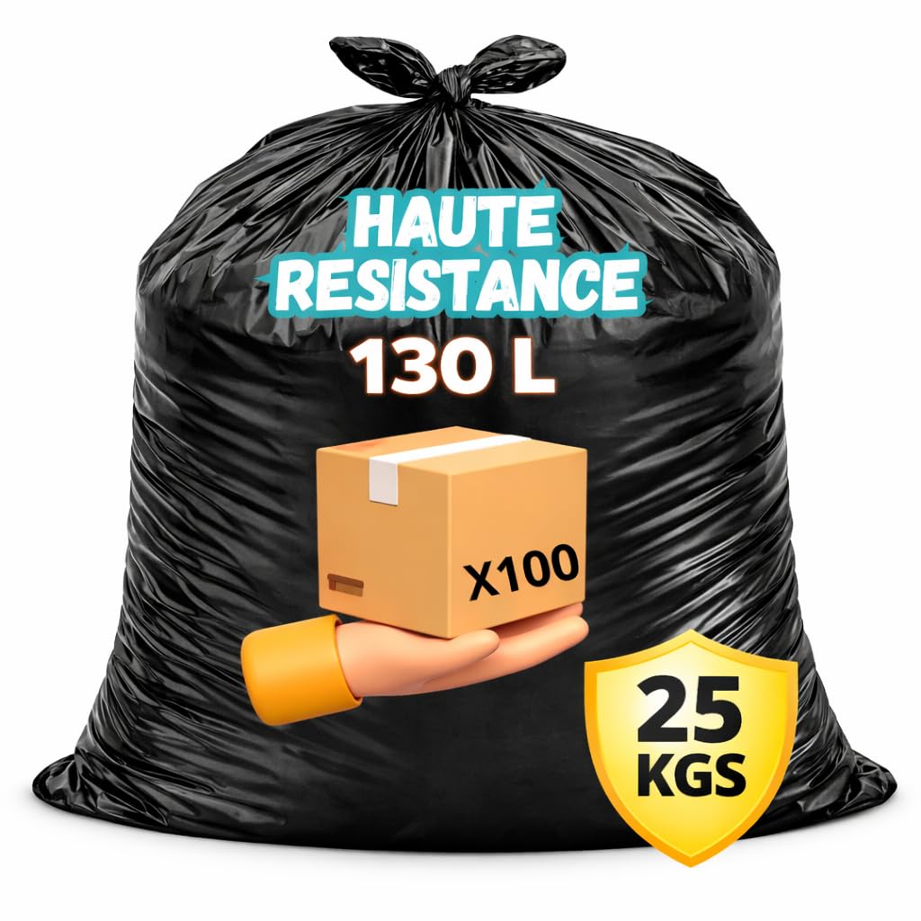 Sacchetto per la spazzatura spessa 130 l, cartone da 100 sacchetti neri ultra resistenti, spessore 55 micron, rifiuti pesanti, giardino, carta, alimenti, officine - uffici - privati