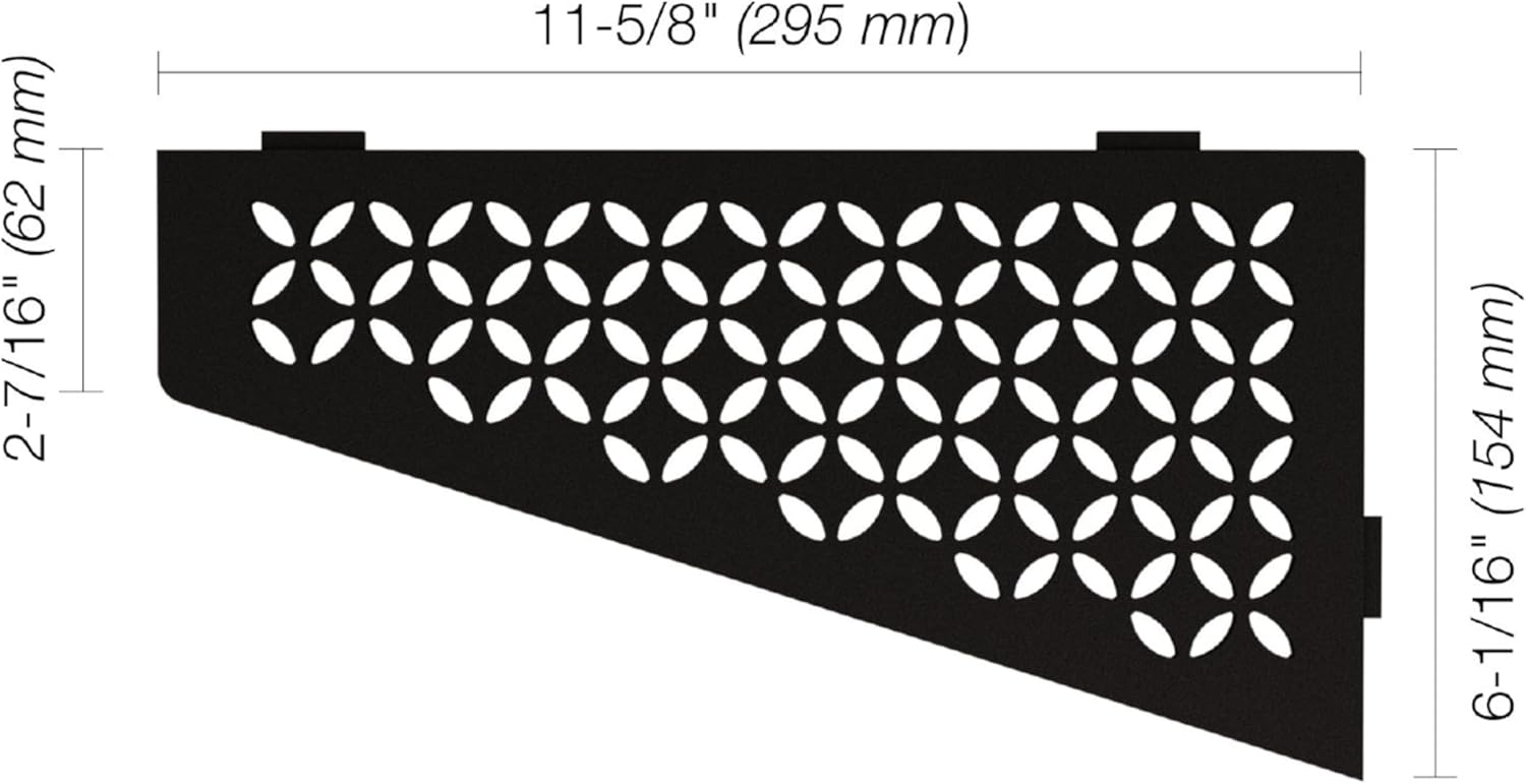 Schluter Quadrilateral Corner Shelf for Tiled Walls - Floral Design, Aluminum Material, Matte Black Finish, 3/32" Thick Anchoring Tabs - SES3D5MGS