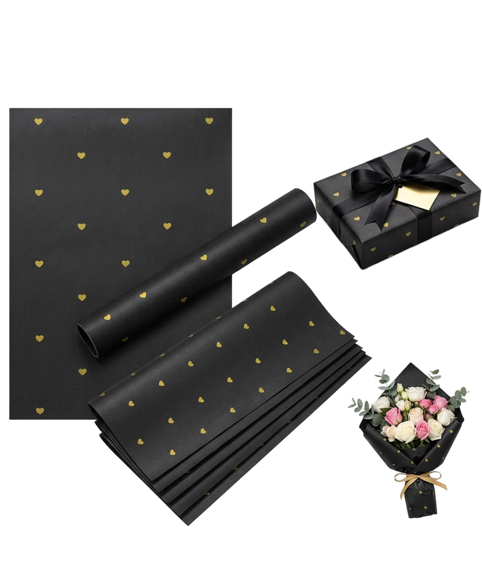 20-Sheet Flower Bouquet Wrapping Paper, Black Wrapping Paper with Heart Pattern, Horizontal Gift Wrapper Sheets for Florist Packaging and DIY Craft-image-34