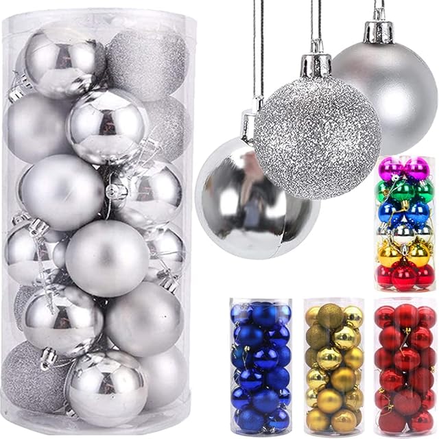 Christmas Baubles 24pcs Shatterproof Plastic Christmas Balls Silver Christmas Tree Decorations Ornaments Xmas Tree Balls for Xmas Tree Hanging Decoration Festival Holiday Wedding Party Decor (4cm)