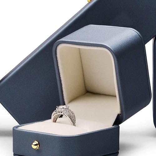 Miniatura 5 de Oirlv Caja de Anillo Azul Acero Preciosa Caja de Regalo de Anillo de Cuero Premium para Boda, Estuche de Almacenamiento de Joyería para Propuesta