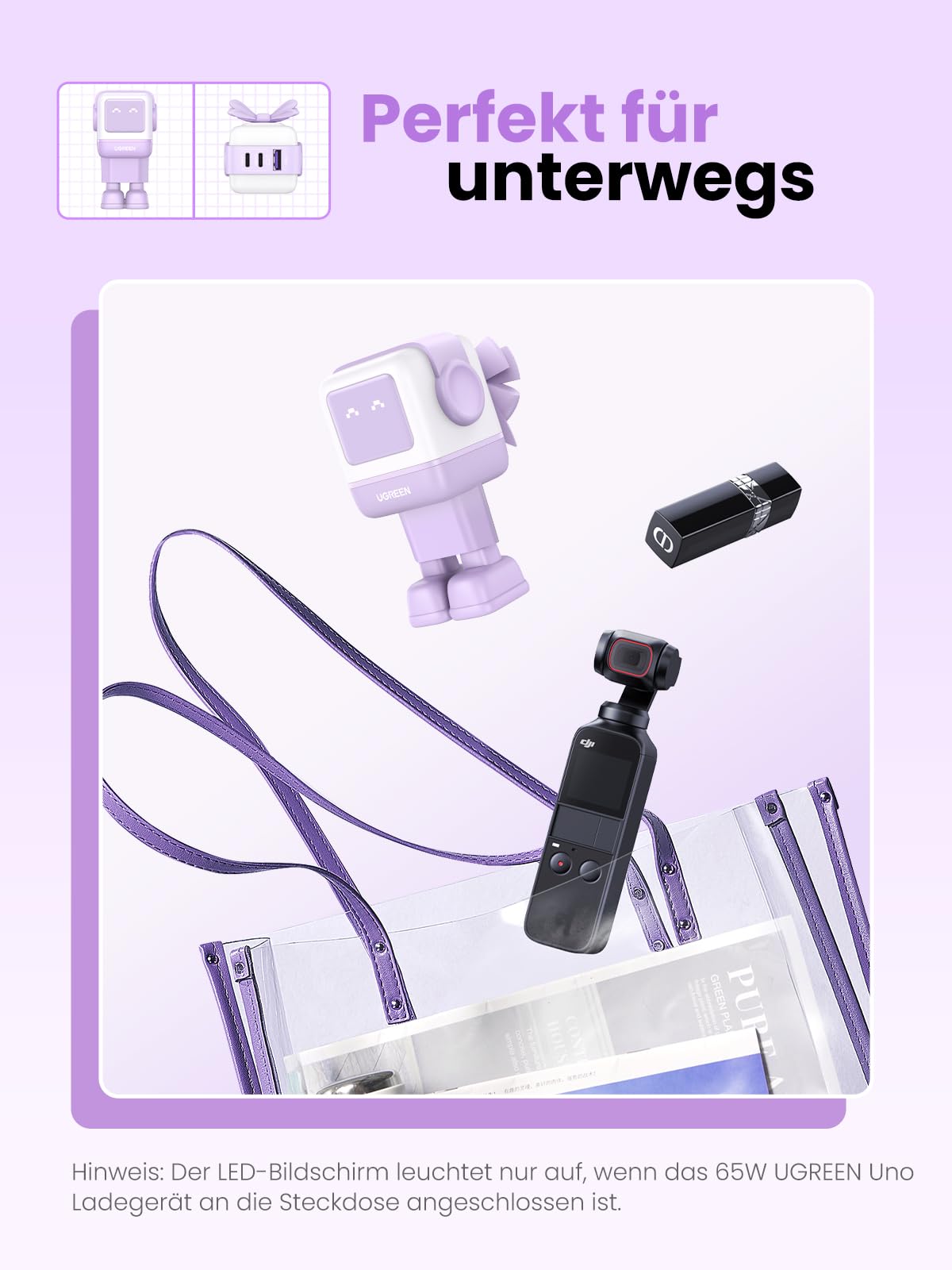 UGREEN UNO USB C Ladegerät, 65W USB C Netzteil 3-Port GaN Schnellladegerät LED Display kompatibel mit MacBook Pro/Air, iPad, iPhone 17 Pro Max, 16, Galaxy S25 Ultra, Steam Deck (Lila)