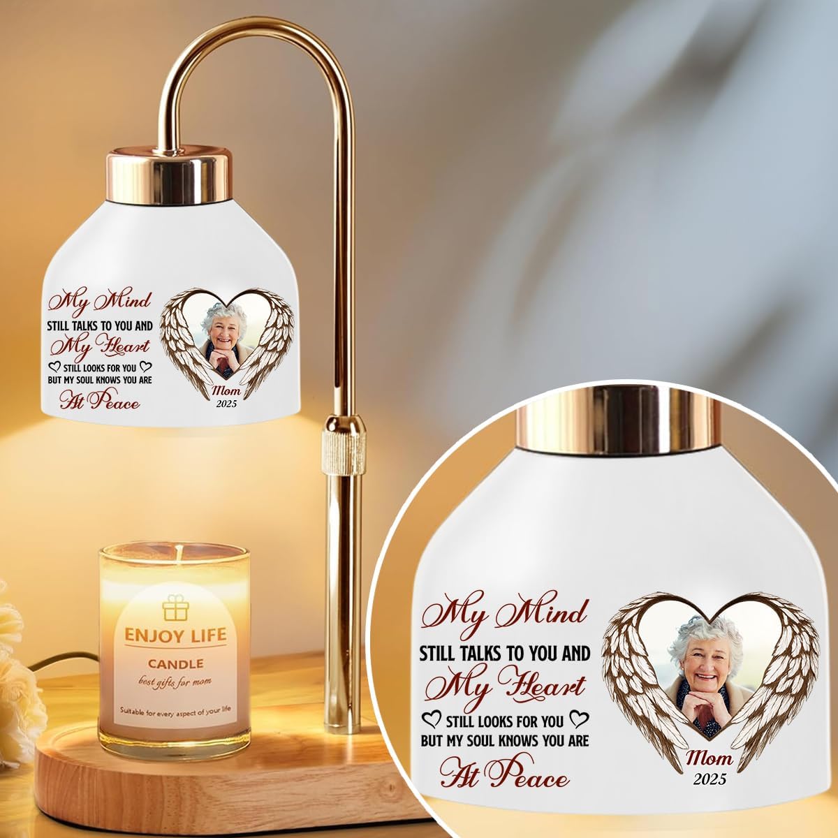Wrappiness Memorial Candle Warmer Lamp with Timer - Dimmable Candle Warmer with Height and Brightness Adjustable - Keepsake Gifts for Loss of Dad Mom, House Warming Gifts Home Décor Custom Photo
