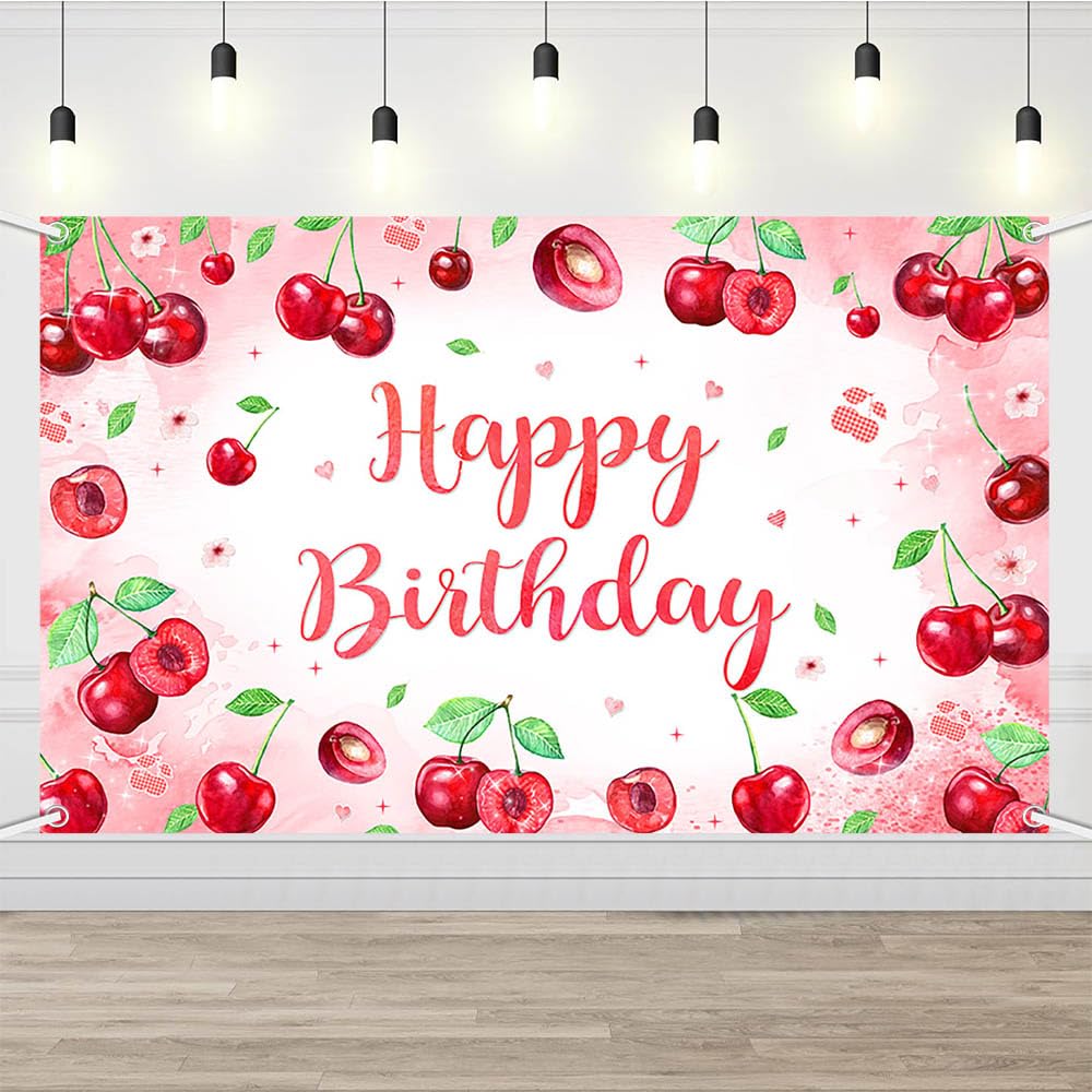 AIBIIN Cherry Birthday Backdrop for Girl Pink Happy Birthday Photography Background Coquette Cherry Party Decorations Fruit Themed Party Supplies