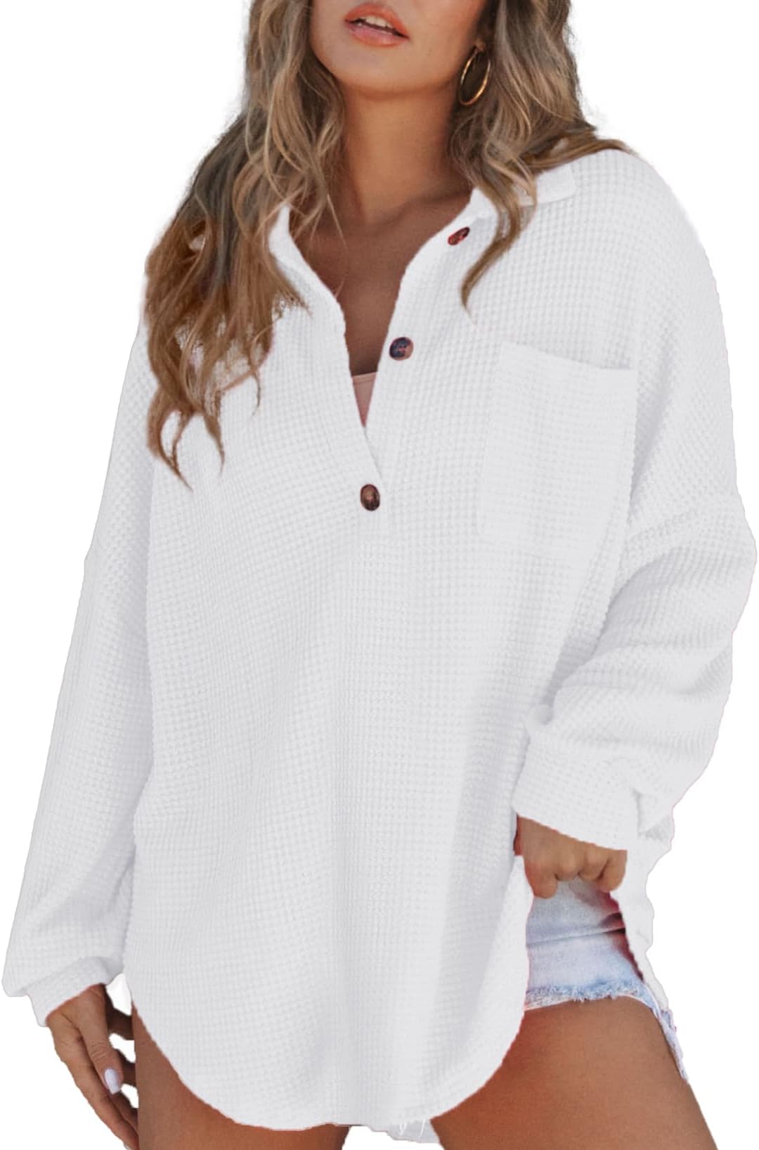 Women Waffle Knit Tops Henley Shirts