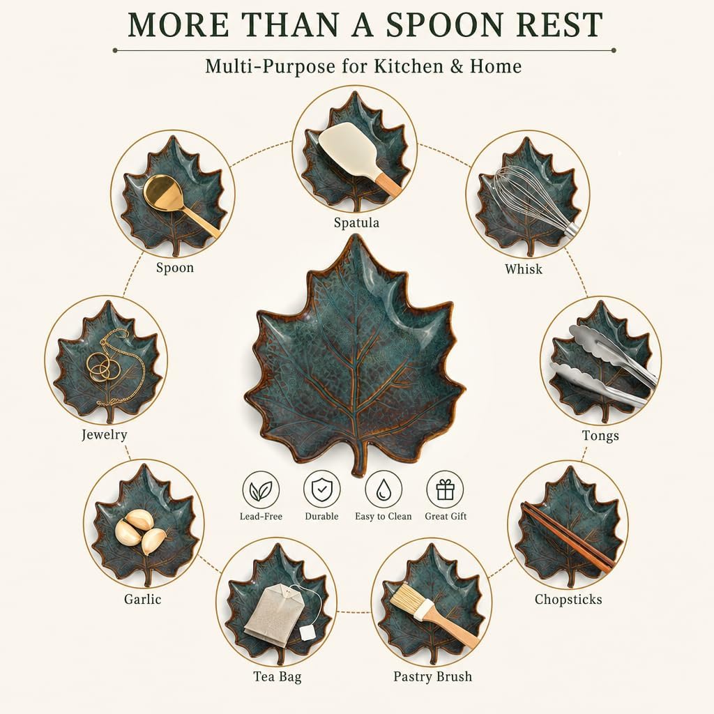 2 PCS Spoon Rest Ceramic Leaf Shaped for Stove Top & Kitchen Countertop - Cute Large Porcelain Spoon Holder Utensil Rest Spatula Rest for Cooking, Farmhouse Kitchen Decor image 3